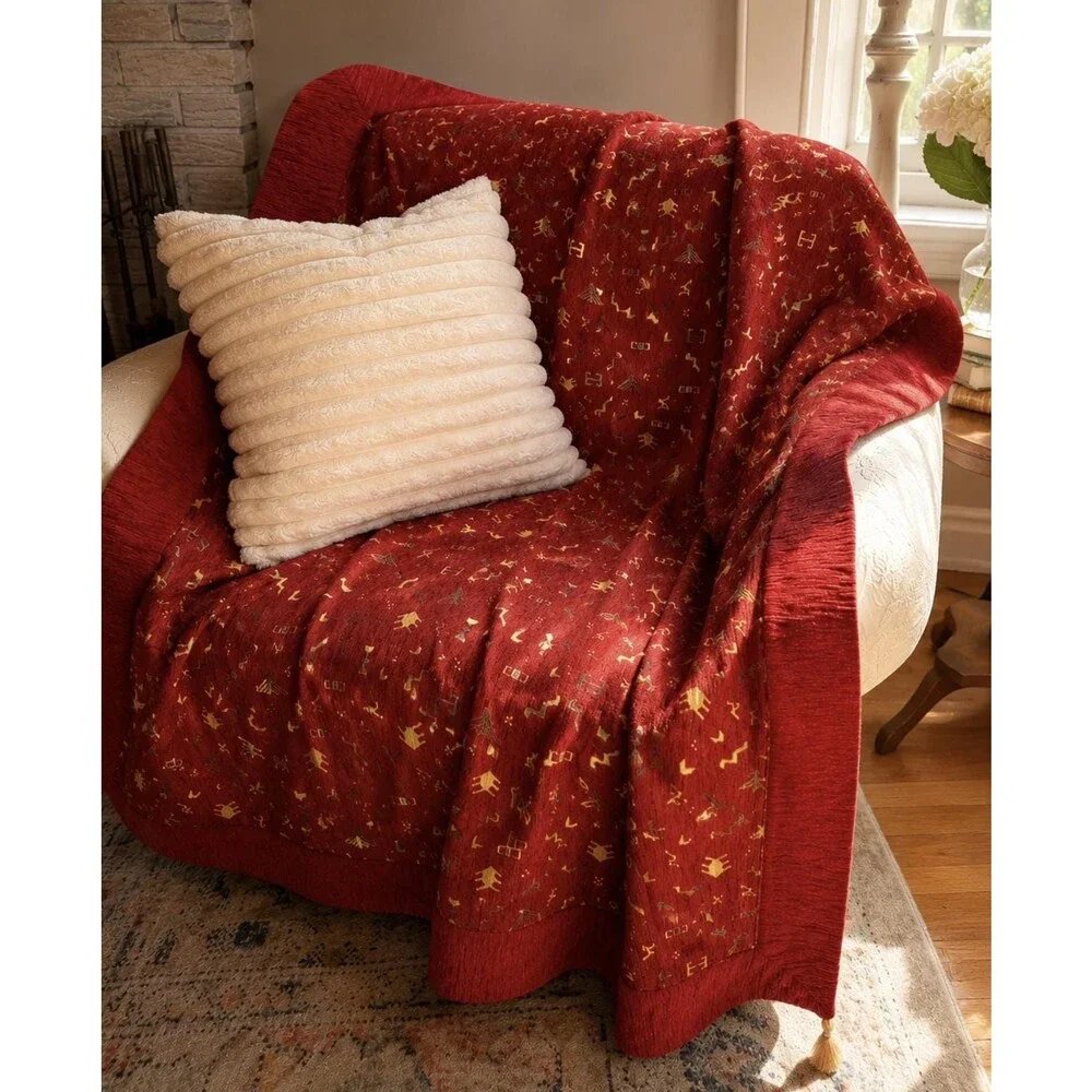 The Loom Alaska Woven Tapestry Throw | Red Geometric Coverlet 62x60 | Lodge Sout